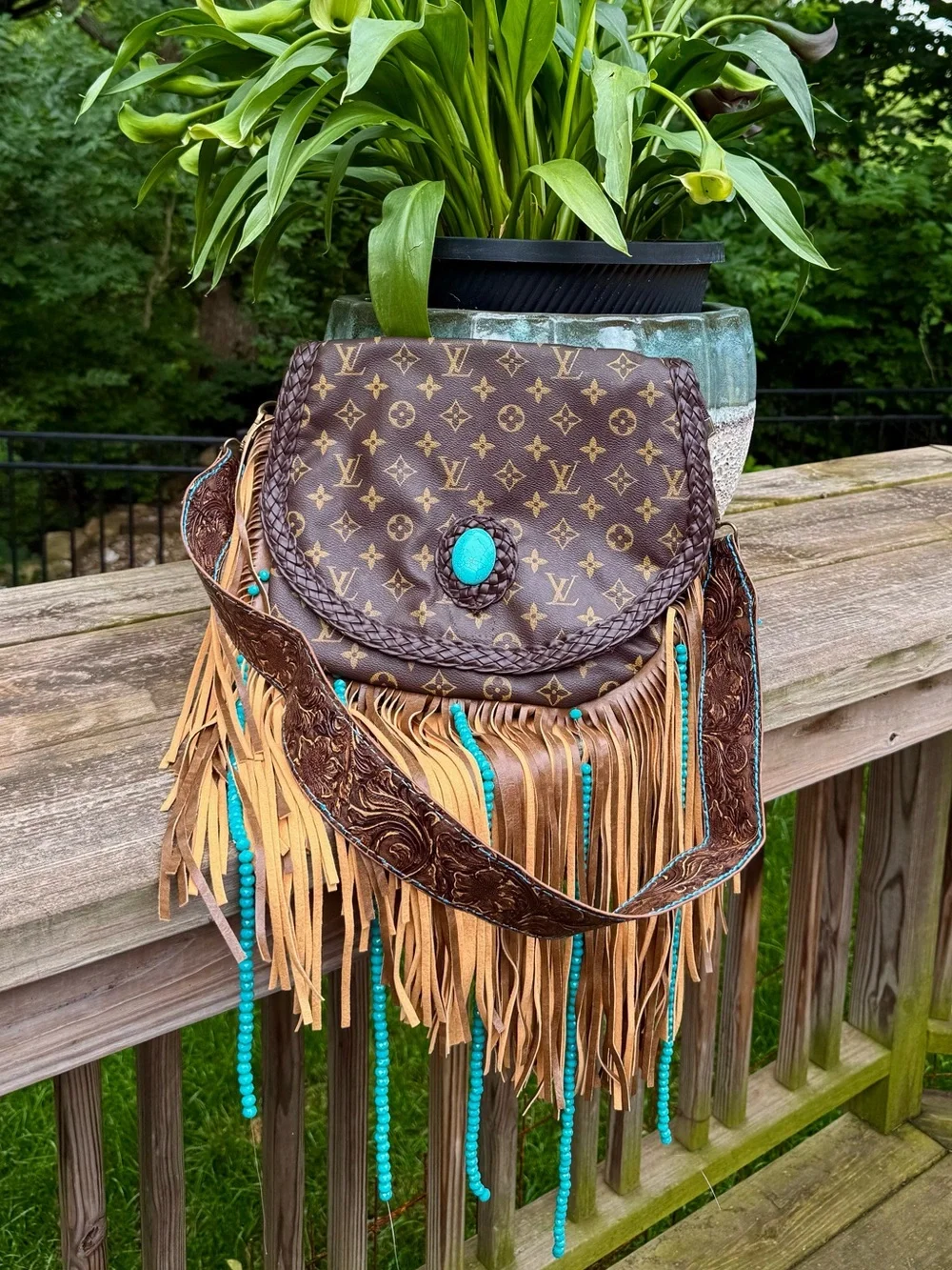 Monogram Fringe Shoulder Bag with Turquoise Accent - Picture 1 of 5